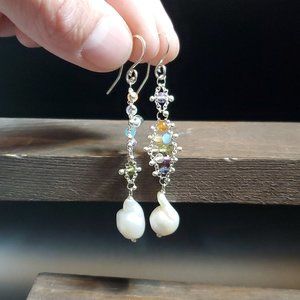 Sterling Silver Various Stones And Big Pearl Chain Earrings